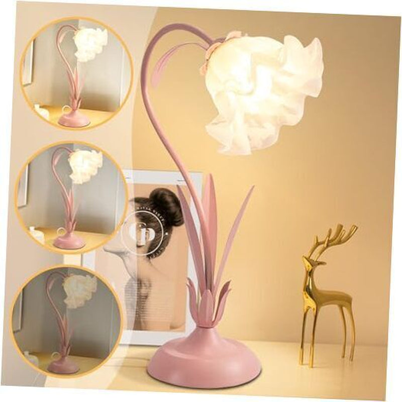 Flower Table Lamp Pink Vintage Desk Lamps,Bedside Lamp with 3 Fixed Gooseneck