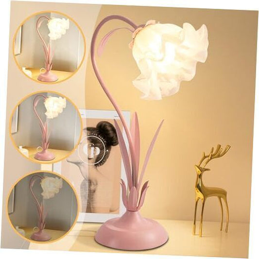 Flower Table Lamp Pink Vintage Desk Lamps,Bedside Lamp with 3 Fixed Gooseneck