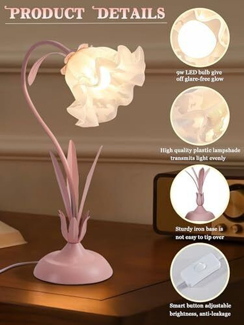 Flower Table Lamp Pink Vintage Desk Lamps,Bedside Lamp with 3 Fixed Gooseneck